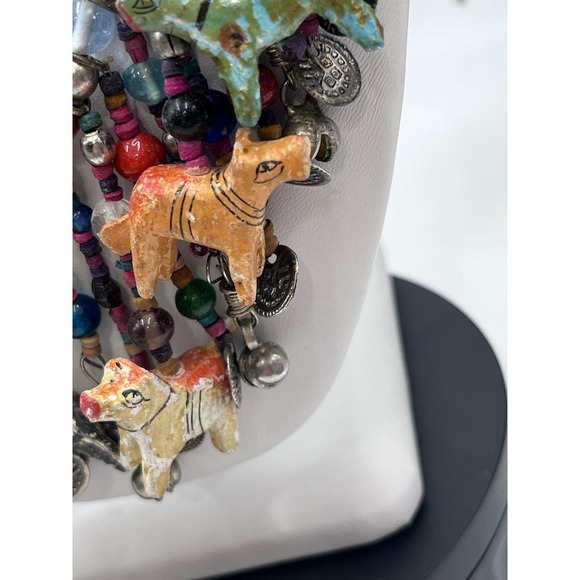 AFRICAN Glass Bead and Carved Animal Dangle Fringe Multicolor Statement Necklace - Picture 8 of 16